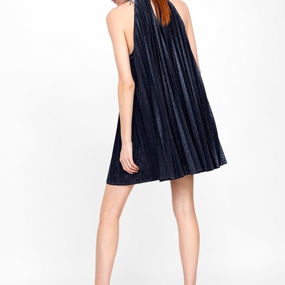 ZARA BLACK SILVER METALLIC PLEATED MINI DRESS Size M - Picture 3 of 6